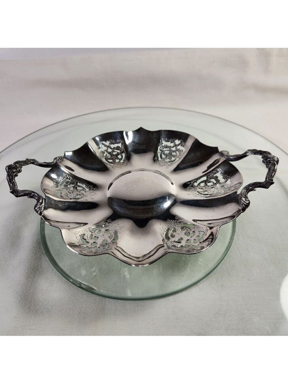 Essay Silver Plated Tray with Handles Footed Small Round Dish Scalloped Edge